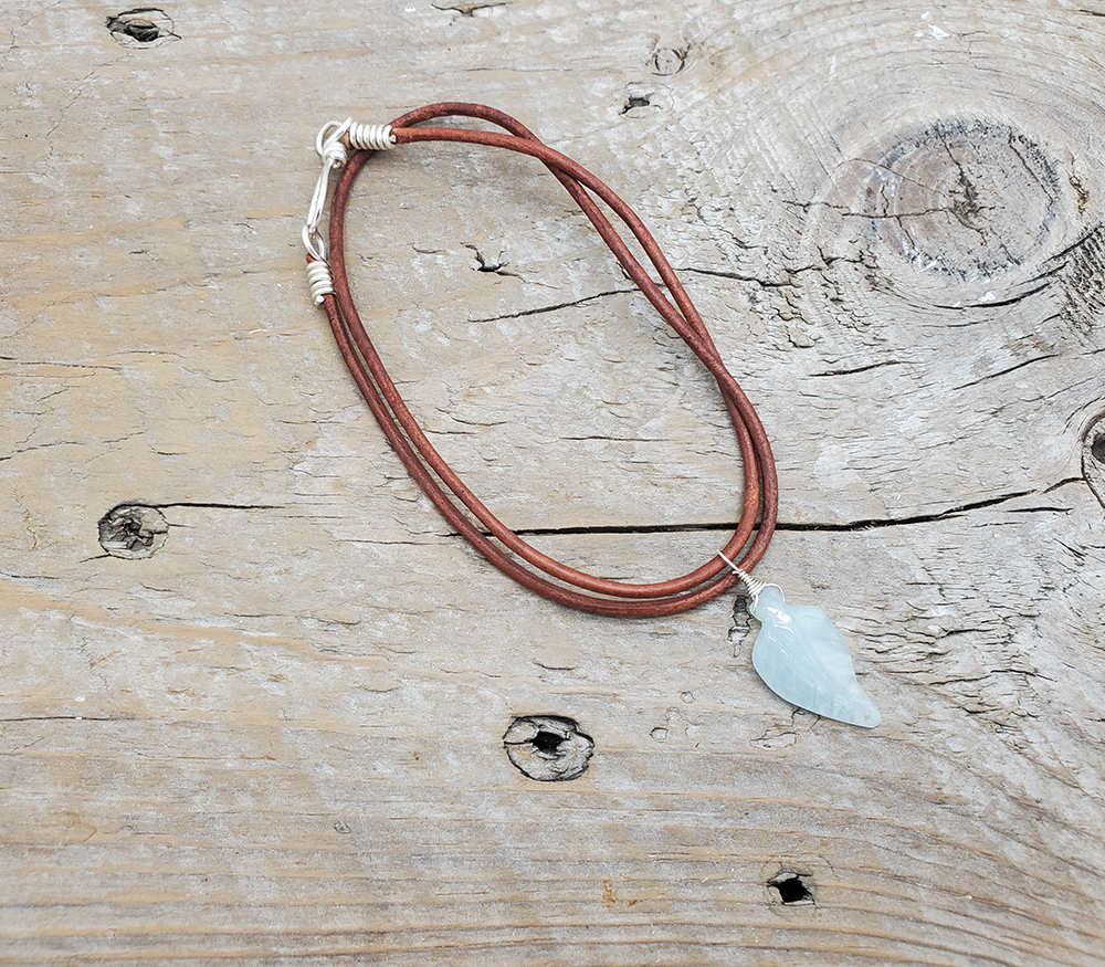 Leaf Season - Aquamarine Leaf Pendant on leather cord